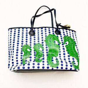 Jonathan Adler Seahorse Nautical Themed Organizer White Blue Green Tote Bag EUC